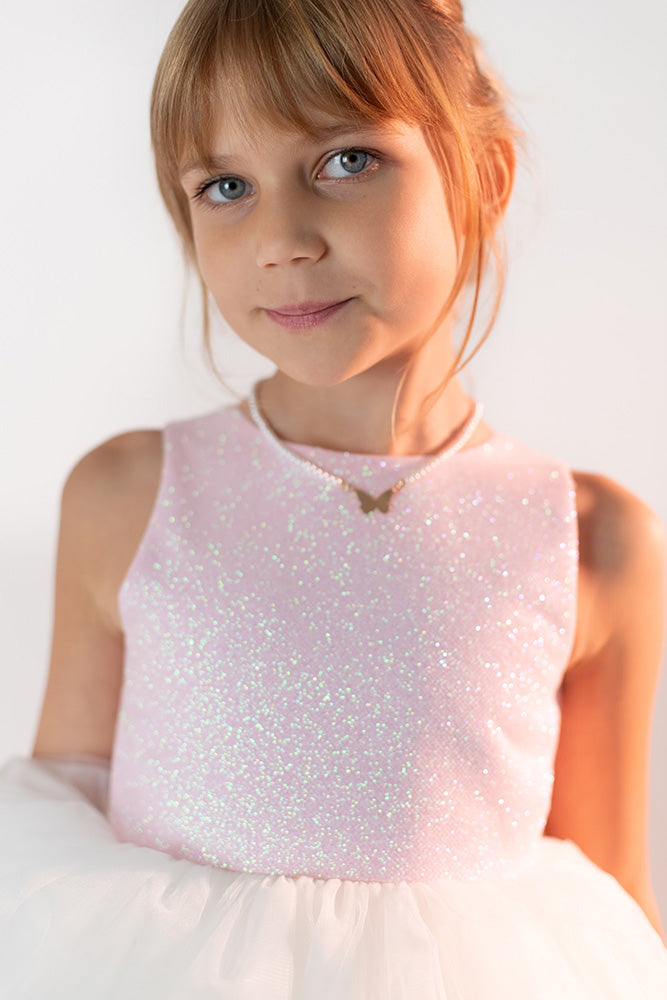 Eleganta kleita meitenei, kleita Ziemassvētkiem meitenei, svinīga kleita meitenei dzimšanas diena, balta roza  kupla kleita bērnam, 