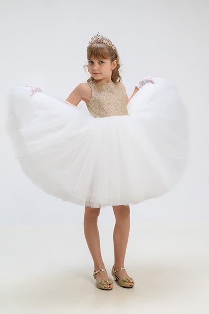 Balta, zelta tilla kleita meitenei, kupla kleita, kleita svētkiem meitenei, svinīga zelta kleita