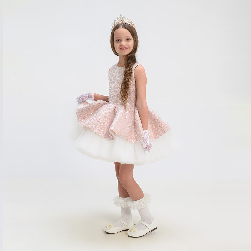 Grezna svētku kleita meitenei, gaiša, balta kleita, ar spīdumiem, bazilio kleita, svinīga kleita meitenei