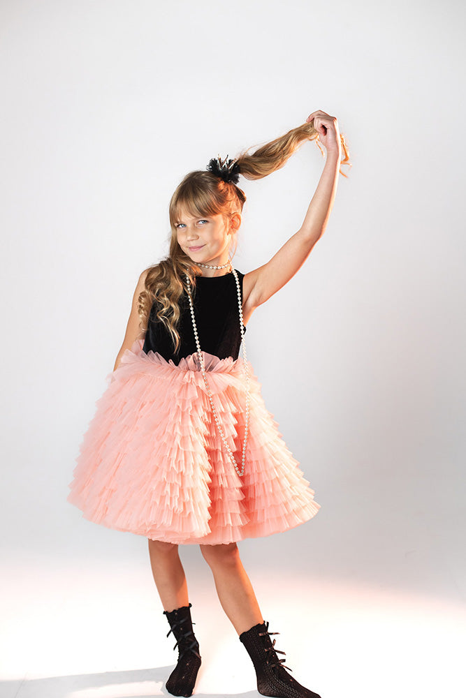premium bērnu svētku kleita, melns samts + persiku tills