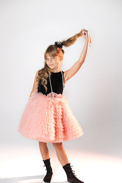 premium bērnu svētku kleita, melns samts + persiku tills