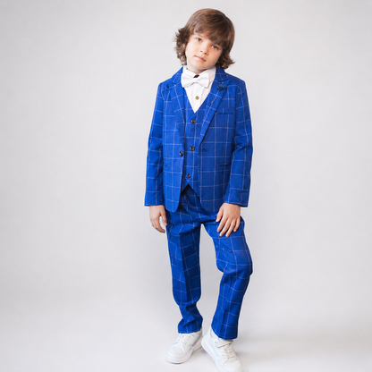 Uzvalks zēnam zils ar rūtiņām. 4-daļīgs slim-fit uzvalks