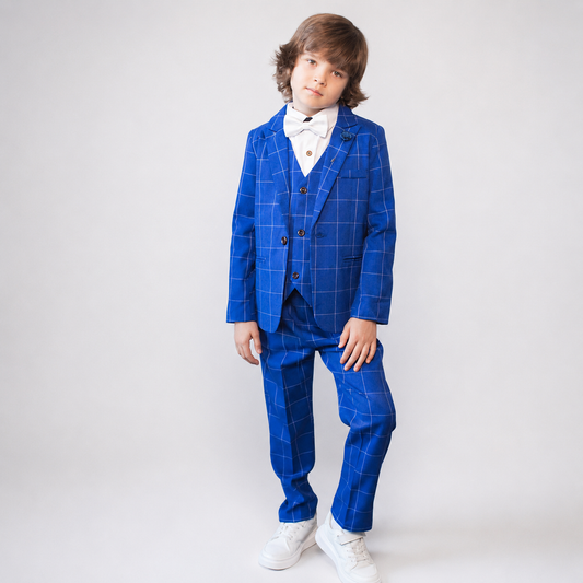 Uzvalks zēnam zils ar rūtiņām. 4-daļīgs slim-fit uzvalks